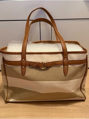 Tommy Hilfiger Beige and Tan Striped Canvas Tote with Leather Trim